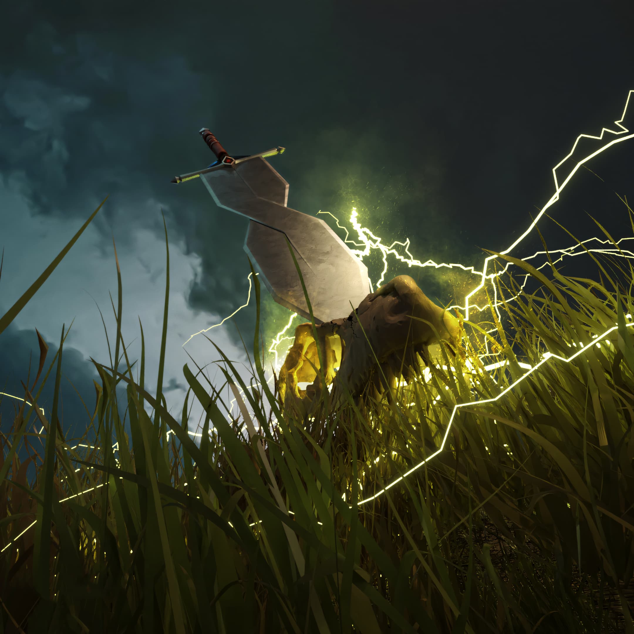 3D render of a sword in a dinosaur skull, surrounded by lightning