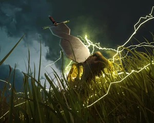 3D render of a sword in a dinosaur skull, surrounded by lightning