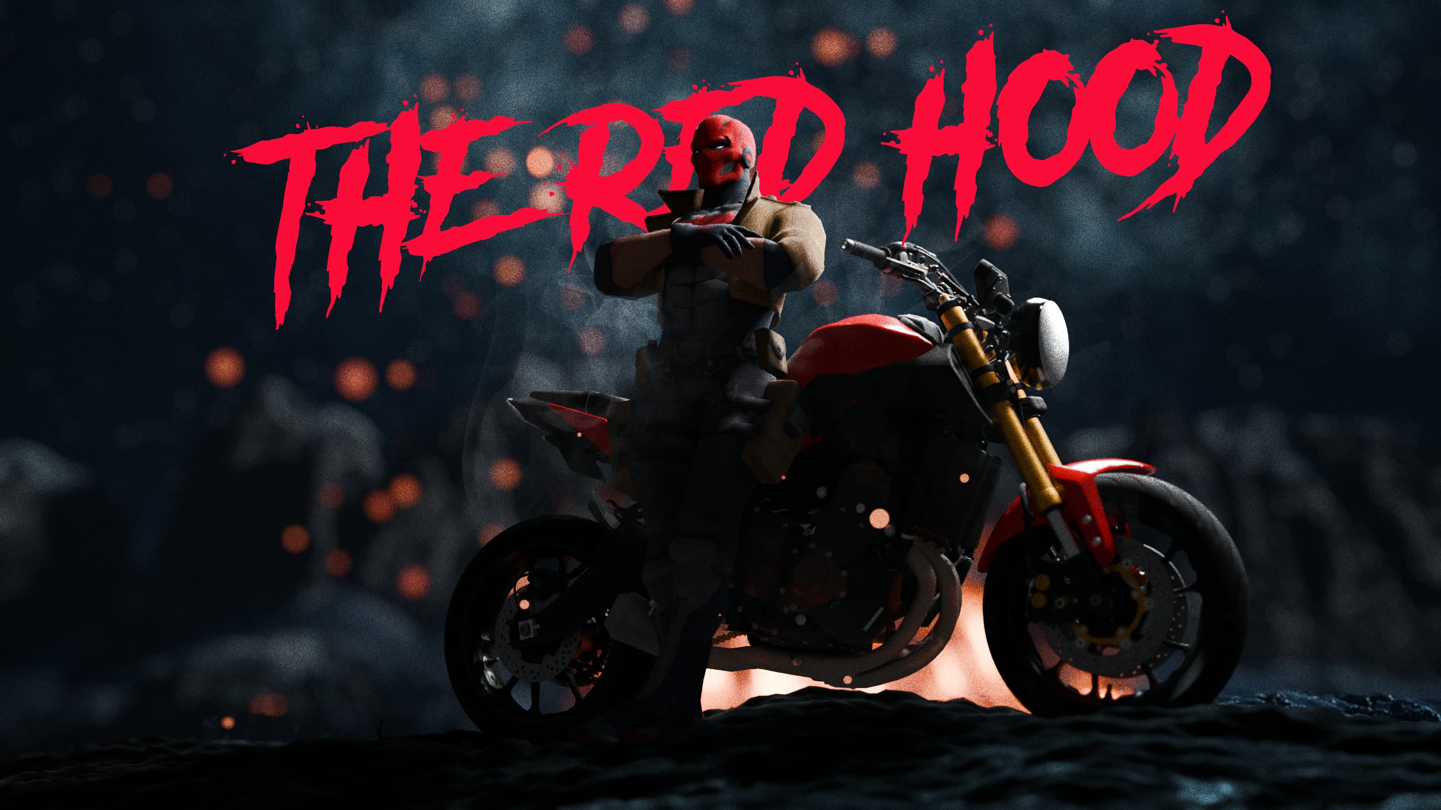 3D render of Red Hood leaning against a bike